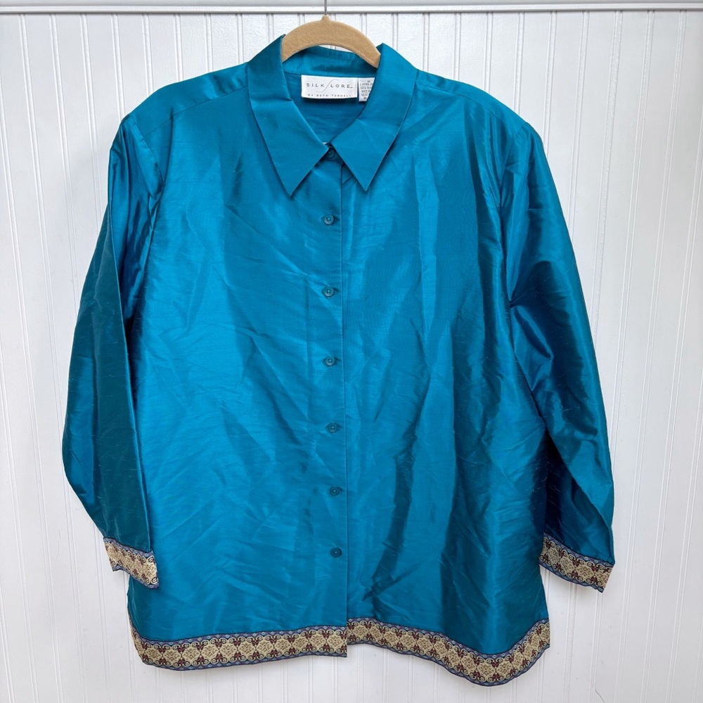 Silk Lore Beth Terrell Bright Teal 100% Silk Metallic Trim Button Up Size 2X